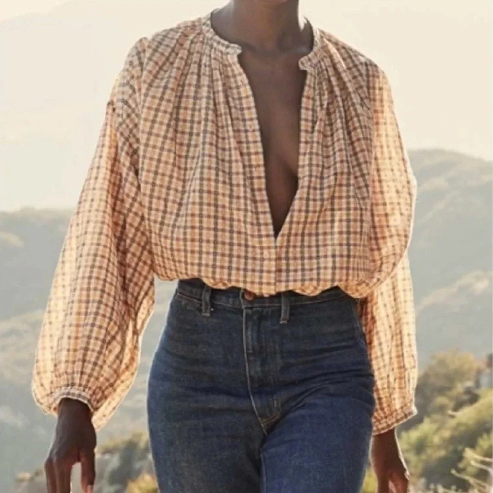 Doen The Jane Blouse Orange Meringue Plaid Clip Dot Cotton Button Top Size XS